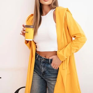 Garstyčių spalvos laisvai krentantis apsiaustas su gobtuvu