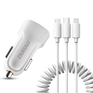 automobilinio įkroviklio rinkinys 2x USB 2,4A + USB laidas 3in1 Lightning / C tipo / micro USB baltas (R7 baltas)