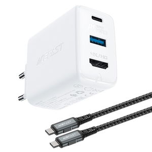 Acefast 2 1 GaN 65W C tipo USB / USB tinklo įkroviklis, HDMI 4K@60Hz adapteris (komplektas su kabeliu), baltas (A17 white)