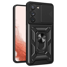 Hybrid Armor Camshield dėklas Samsung Galaxy S23+ šarvuotas dėklas su kameros dangteliu juodas