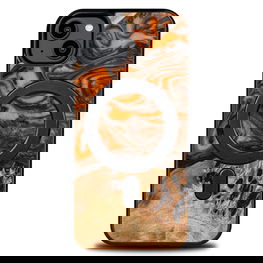 Medžio ir dervos dėklas iPhone 15 Plus MagSafe Bewood Unique Orange - oranžinis ir juodas