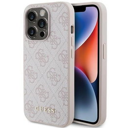 Guess 4G Metalinis auksinis dėklas su logotipu iPhone 15 Pro - rožinis