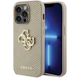 Guess perforuotas 4G blizgantis dėklas iPhone 15 Pro - auksinis