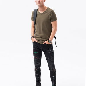 Marškinėliai vyrams tamsiai alyvuogių spalvos su V formos iškirpte Ombre