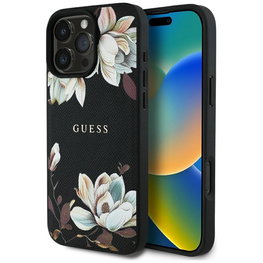 Guess grūdinto rašto gėlių dizaino MagSafe dėklas iPhone 16 Pro, juodas