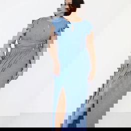 Vakarinė ilga mėlyna suknelė su skeltuku ir raukiniais Jersa