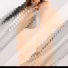 Ilgo kirpimo smėlio spalvos džemperinė suknelė su gobtuvu Ex Moda