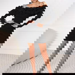 Mini suknelė juoda su raukiniais ir ilgomis rankovėmis vakarui BIANCA