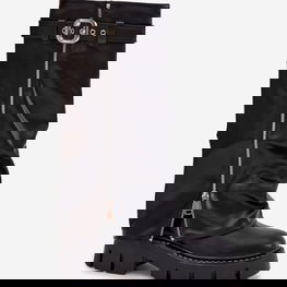 Ilgaauliai batai juodi dirbtinės odos su užtrauktuku