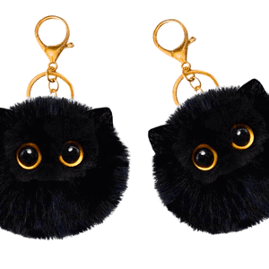 Juodas pliušinis kačiuko raktų pakabukas su ausytėmis