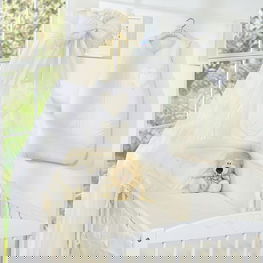 Kreminės spalvos 5 dalių kūdikio patalynės komplektas su stogeliu