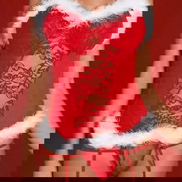 Erotinis kalėdinis kostiumėlis su nėriniais ir dirželiais