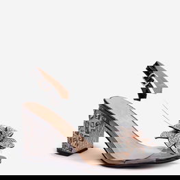 Moteriškos basutės su aukštu kulnu ir dekoratyvine gėle