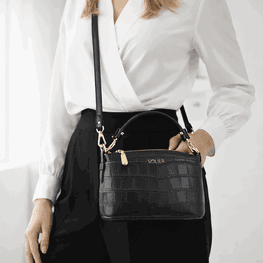 Moteriška rankinė iš natūralios odos su krokodilo įspaudimu juoda Solier