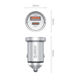 Orico MiniRing Pro 45 W automobilinis įkroviklis su USB-A ir USB-C, sidabrinis