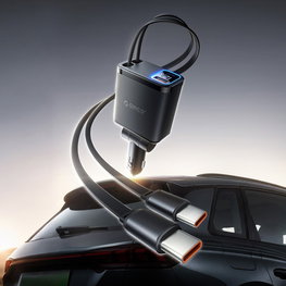 Automobilinis įkroviklis Orico Twin Reach 45 W USB-A ir USB-C, su dviem ištraukiamais USB-C laidais, juodas