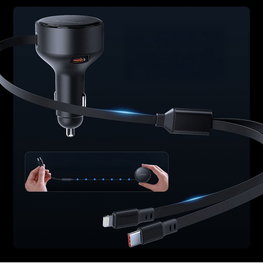 Automobilinis įkroviklis Orico Dual Stretch 60 W su dviem ištraukiamais USB-C ir Lightning laidais, juodas